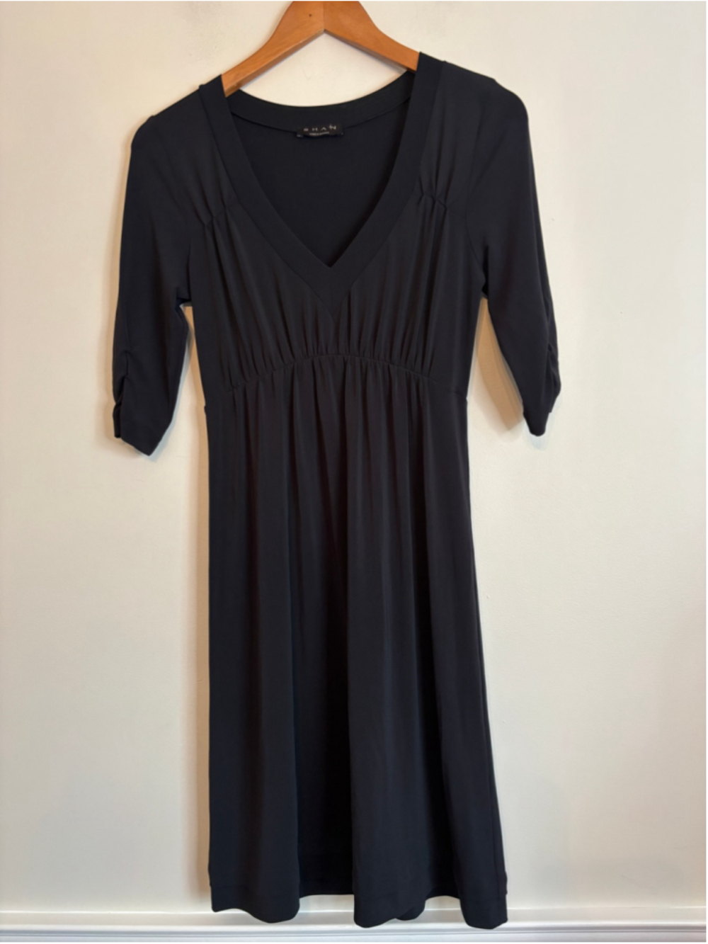 SHAN Black V-Neck Ruched Sleeve Dress Size 6 Minimalist Quiet Luxury Career